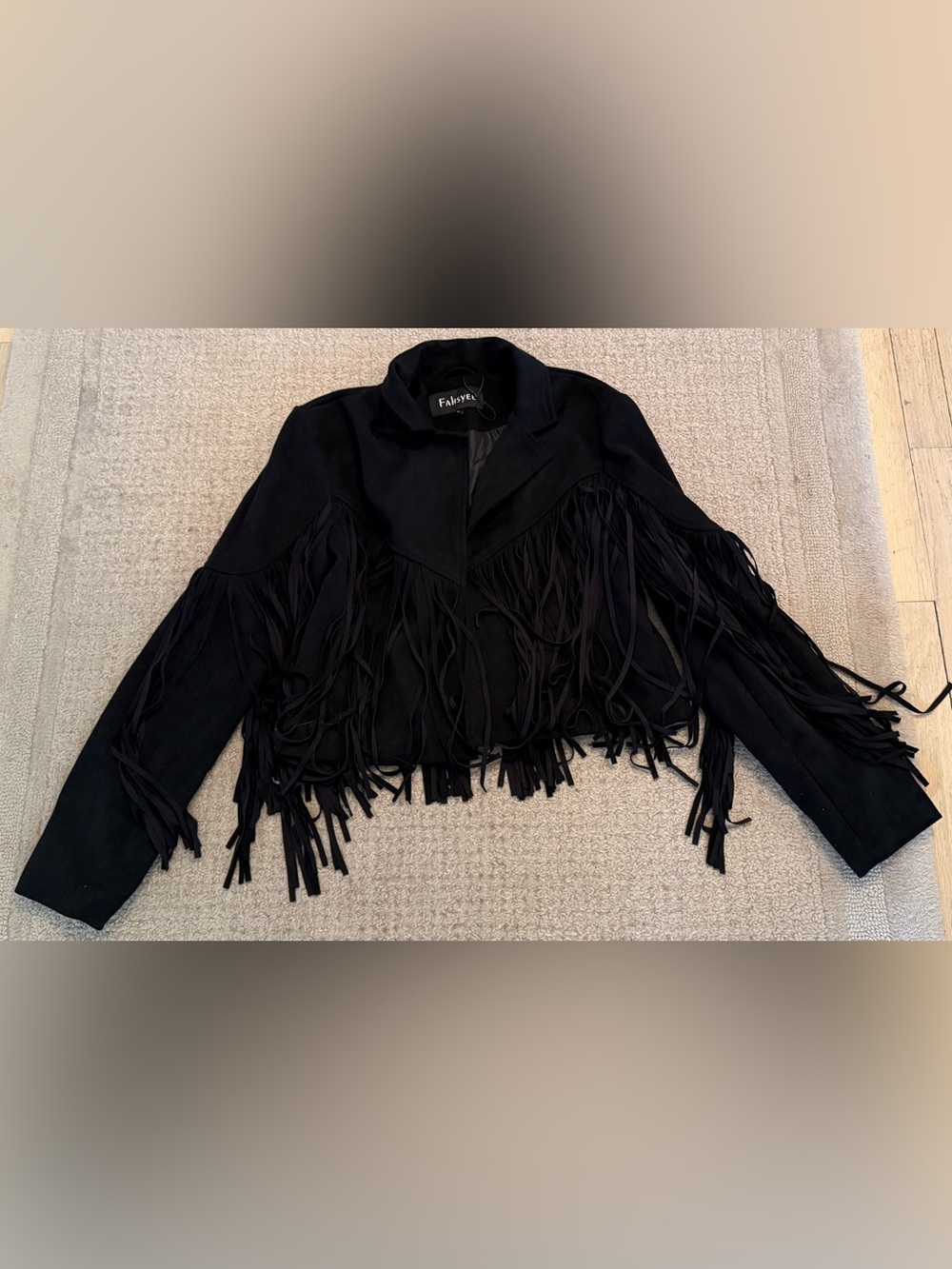 Fahsyee Black Fringe Cropped Jacket Western Moto Open Front Size S Boho Coat